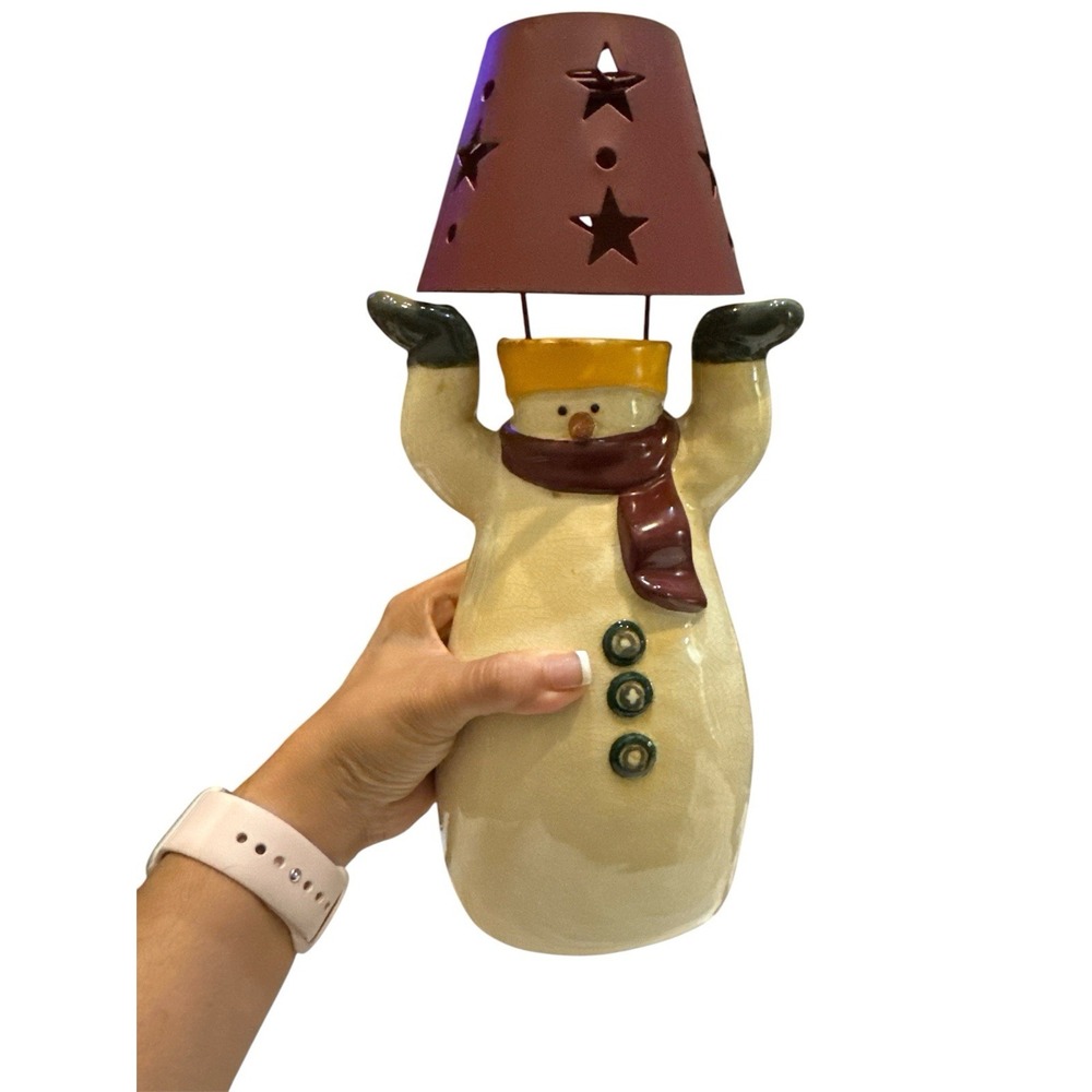 13" Russ‎ Ceramic Snowman, Metal Shade for tealight